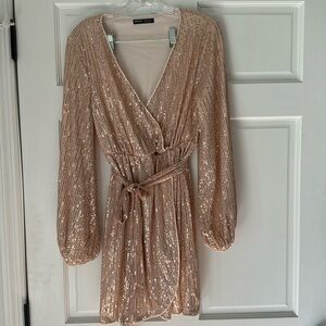 SHEIN champagne, gold sequin wrap dress Sz small 4